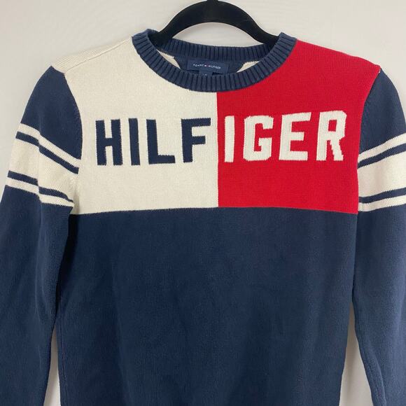 Tommy Hilfiger L (12-14) Navy Red Colorblock Sweater Logo Pullover Long Sleeve - Picture 4 of 10